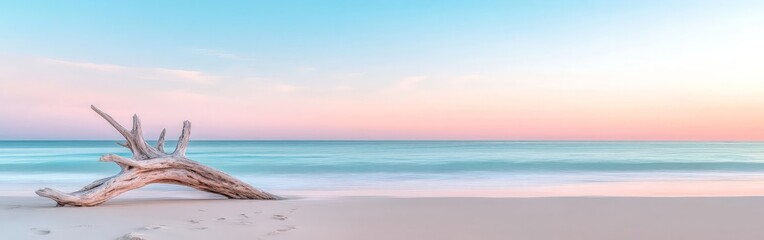 Atmospheric Sunrise Beach Scene with Driftwood Log and Footprints on Smooth Sand for Coastal Storytelling Photography