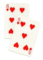 A pair of playing cards of the same suit isolated on a white background.