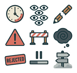 Anxiety Triggers Icons. Flat icon set of anxiety and doubt triggers: looming deadline clock, crowd of judgment