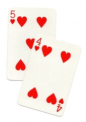 A pair of playing cards of the same suit isolated on a white background.