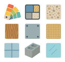 Architectural Palette Icons. Flat icon set of color and material palettes in architecture: paint swatch fan,