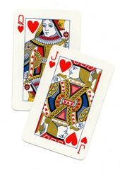 A pair of playing cards of the same suit isolated on a white background.