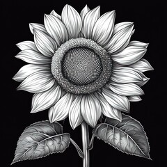 Detailed grayscale illustration of a sunflower