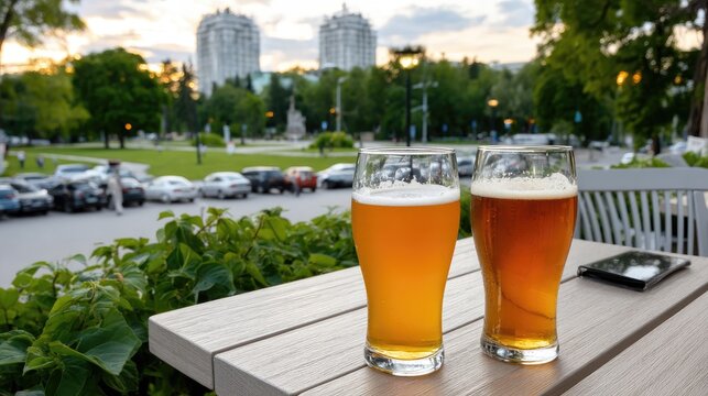 Two pints of golden beer sit on a wooden table as the sun sets over a parking lot in a Russian city park with tall buildings behind