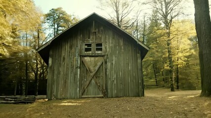 Traditional weathered wooden barn with peaked roof stands peacefully among tall golden autumn trees in serene forest setting with warm natural lighting filtering through colorful foliage - Powered by Adobe
