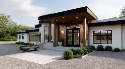 Copper square tiles frame the entrance of a modern structure, highlighted by dark wood and complemented by minimalist decor and greenery