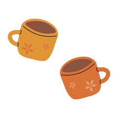 Colorful ceramic cups with floral designs on a white background, perfect for serving coffee or tea during cozy gatherings. Flat style vector illustration.