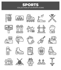 Collection of 25 Sports Icons. Sport Equipment. Game. and Activity Pictograms