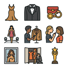 Celebrity Fashion Icons. Flat icon set of celebrity fashion moments: designer gown, tuxedo, fashion accessory,