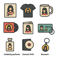 Celebrity Merchandise Icons. Flat icon set of celebrity merchandise: signed poster, branded t-shirt,