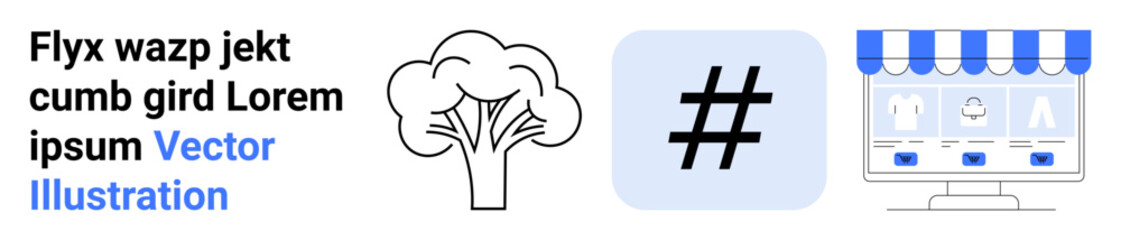 Tree symbol, metadata tag icon, and digital storefront interface with blue shop canopy. Ideal for social media, nature conservation, digital marketing, e-commerce, branding, technology simple