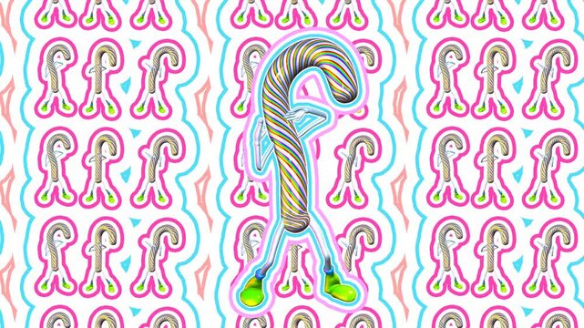 Seamless funny animation of striped mint hard candy cane dancing with a wave lines effect