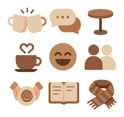 Coffee and Conversations Icons. Flat icon set of coffee and conversations: two mugs clinking, chat bubbles,