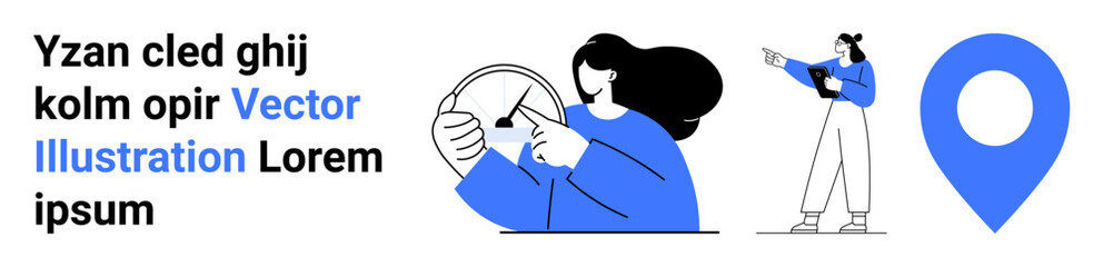 Female character reading data on tablets, pointing to location, accompanied by large blue map pin. Ideal for navigation, geolocation, travel, maps, exploration, logistics simple landing page