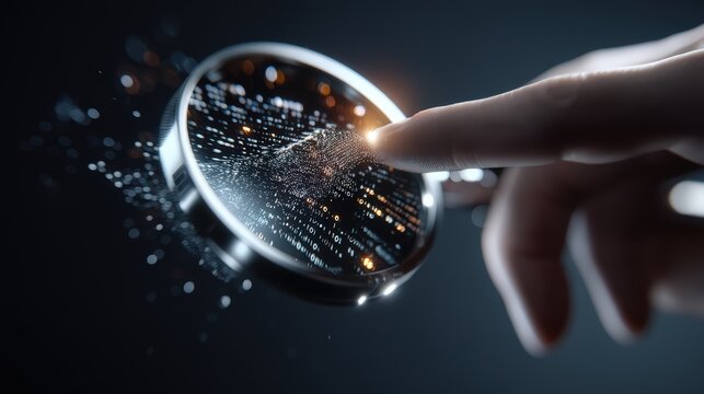 Digital data analysis concept with hand touching a magnifying glass over glowing binary code representing data processing and technology