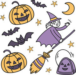 Fototapeta premium Halloween seamless pattern with pumpkins ghosts bats and spooky icons