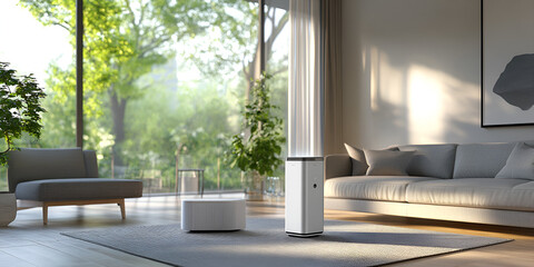 Modern living room with air purifier and natural light, Contemporary living room with air purifier and large windows, Stylish living room with plants and air purifier