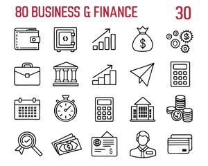 Business & Finance Line Icon Set – Money, Charts, Documents & Office Symbols