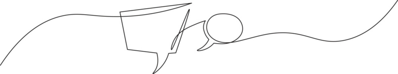 Obraz premium Speech bubble in continuous line art drawing style. Minimalist black linear sketch of Communication symbol isolated on white background. Dialog cloud, chat bubble template outline design. Vector illus
