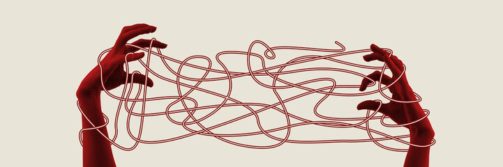 Mental Overload. Red hands tangled in chaotic yarn show emotional collapse, burnout and mental...
