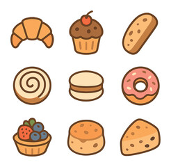Cozy Café Treats. Flat icon set of cozy café treats: croissant, muffin, slice of cake, biscotti, cinnamon roll