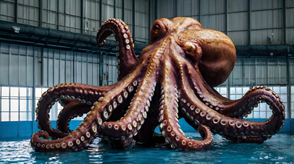 Obraz premium Giant octopus majestic giant octopus swimming in sunlit ocean waters underwater wildlife illustration blue background Generate AI,