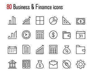 Business & Finance Line Icon Set – Money, Charts, Documents & Office Symbols