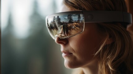 Everyday AR Integration. Close-up of a woman wearing smart glasses showing a scenic forest reflected in the lens, blurred outdoor backdrop.