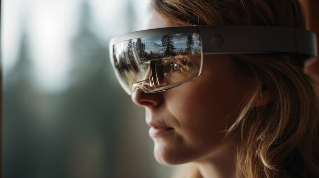 Everyday AR Integration. Close-up of a woman wearing smart glasses showing a scenic forest reflected in the lens, blurred outdoor backdrop. - Powered by Adobe