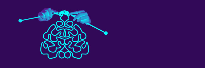 Rewire Yourself. Glowing threads form brain held in open hands, symbolizing awareness and mental reset through inner energy. Conceptual art collage. Concept of tech, health, neuroscience