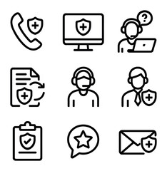 Health Insurance Icons. Outline icon set of health insurance customer service: phone support, website, helpdesk, policy update,