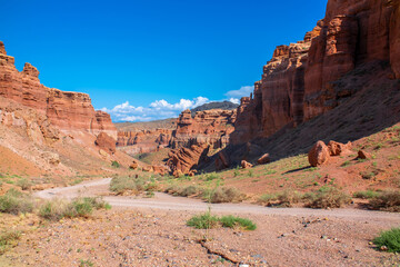 Fototapeta premium Charyn Canyon, Valley of Castles. The excellence of Kazakhstan. Panorama of natural unusual landscape. The red canyon of extraordinary beauty looks like a Martian landscape.
