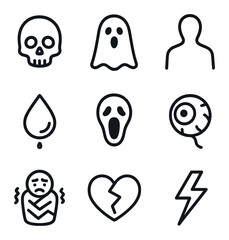 Obraz premium Horror Icon Set. Outline icon set of horror movie fright: skull silhouette, ghost figure, dark shadow, dripping sweat drop,