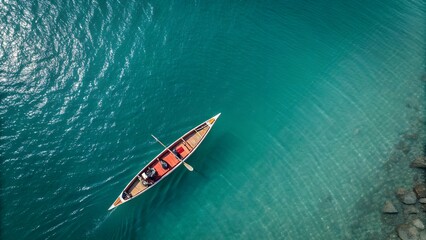 Fototapeta premium Canoe on Turquoise Water: A picturesque overhead shot of a canoe gracefully gliding across a vast expanse of shimmering turquoise water, embodying tranquility and exploration.