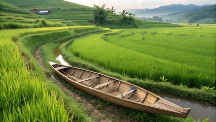 Serene Rice Terrace Scene: A tranquil panoramic view showcases the beauty of lush rice terraces with a traditional boat, set amidst rolling green hills and a clear, blue sky.