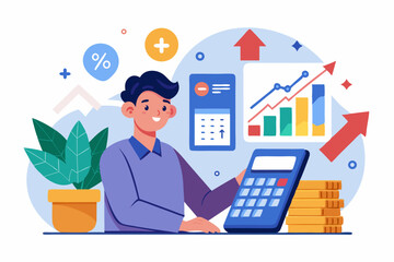 A close-up image of a person using a calculator while holding a credit card, symbolizing financial management, rising interest rates, and digital banking. Futuristic graphics including upward arrows, 