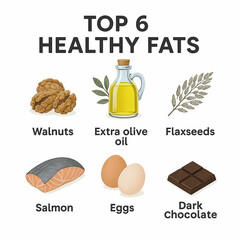 Top 6 Healthy Fats Illustration Featuring Superfoods like Walnuts, Olive Oil, and Salmon