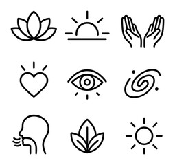 Obraz premium Inner Awakening Icons. Outline icon set of inner awakening: lotus flower, rising sun, open hands, heart radiance, third eye,