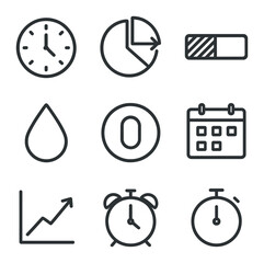Intermittent Fasting Icons. Outline icon set of intermittent fasting cycles: clock face, fasting window chart, eating window bar,
