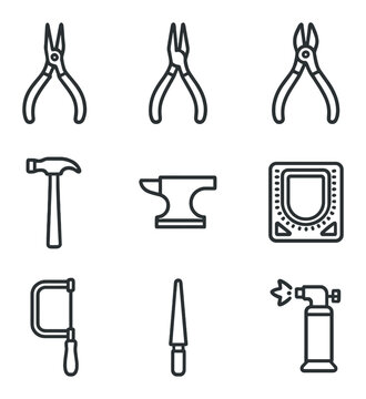 Jewelry Tools Icons. Outline icon set of jewelry making tools: round-nose pliers, flat-nose pliers, wire cutter, hammer, anvil