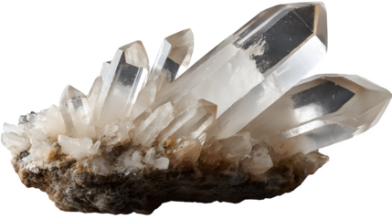 Angular quartz fragment with semi-transparent crystal tips and dirt on base, isolated on transparent background