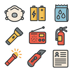 Disaster Kit Icon Set. Flat icon set of disaster readiness in car kits: N95 mask, backup batteries, emergency