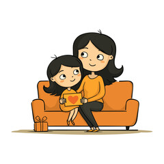 Heartwarming Cartoon Illustration of Mother and Daughter on a Sofa with Gift