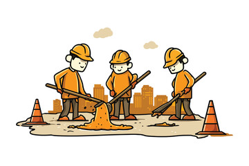 Cartoon illustration of construction workers pouring asphalt on a city street cartoon