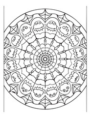 Intricate Halloween Mandala Art: A captivating hand-drawn Halloween-themed mandala artwork. The image features spiderwebs, and faces, creating a mesmerizing and spooky design.