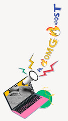 Going viral. Loud megaphone shoots out OMG and REPOST while emojis bounce around in vibrant rhythm. Playful art collage. Concept of repeating trends, social media, digital culture.