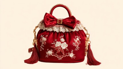 Elegant red handbag with embroidered floral design and decorative bow