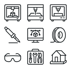 Maker Space Tool Icons. Outline icon set of maker space tools: 3D printer, laser cutter, CNC mill, soldering iron, design software