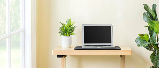 Fototapeta premium Modern Wooden Desk With Laptop And Plant In Home Office