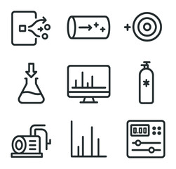 Mass Spectrometry Icons. Outline icon set of mass spectrometry technique: ion source, mass analyzer tube, detector ion, vacuum